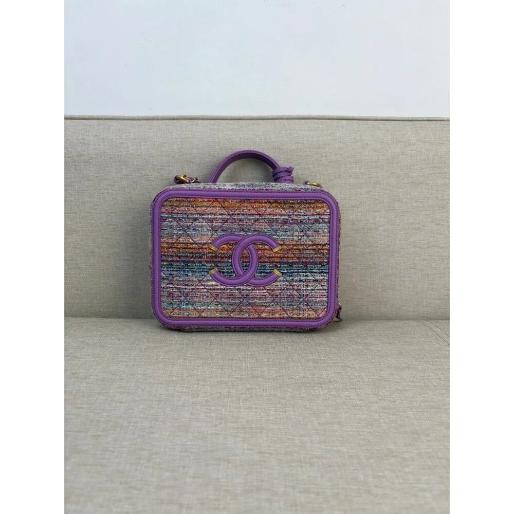 CHANEL Purple Tweed Filigree Vanity Case Medium GHW